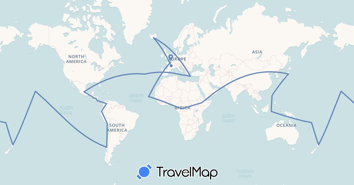 TravelMap itinerary: driving, cycling in Republic of the Congo, Chile, Colombia, Costa Rica, Cape Verde, Ecuador, Ethiopia, France, Greece, Guatemala, Indonesia, Iceland, Italy, Japan, Mexico, Nicaragua, New Zealand, Peru, Philippines, Portugal, El Salvador, United States, Vanuatu (Africa, Asia, Europe, North America, Oceania, South America)