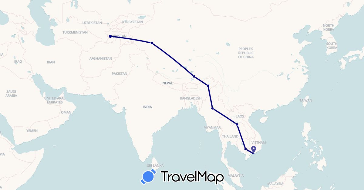 TravelMap itinerary: driving in China, India, Cambodia, Laos, Myanmar (Burma), Tajikistan, Vietnam (Asia)